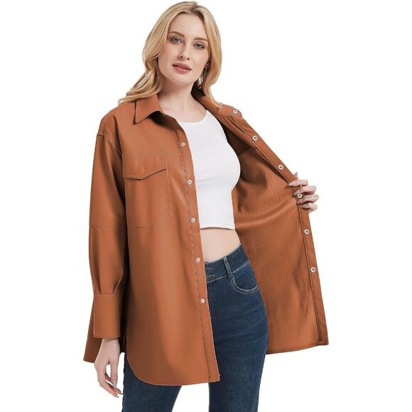 🆕 Women Brown Faux Leather Blazer Jackets Spring Fashion Vegan Button Down Coat - Picture 2 of 6